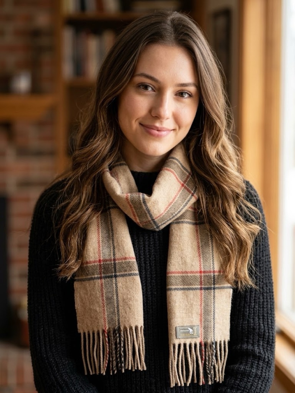 Classic Beige Plaid Fringe Scarf from and made in France- Women Accessories
